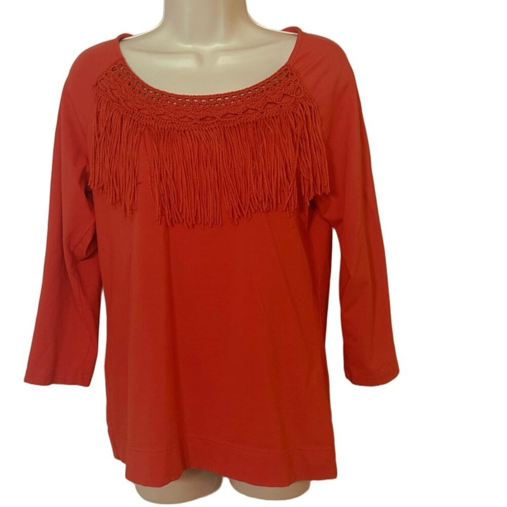 Boho Holiday Fringe Top Red Crochet Trim Cozy Chic Giftable Style Women’s M